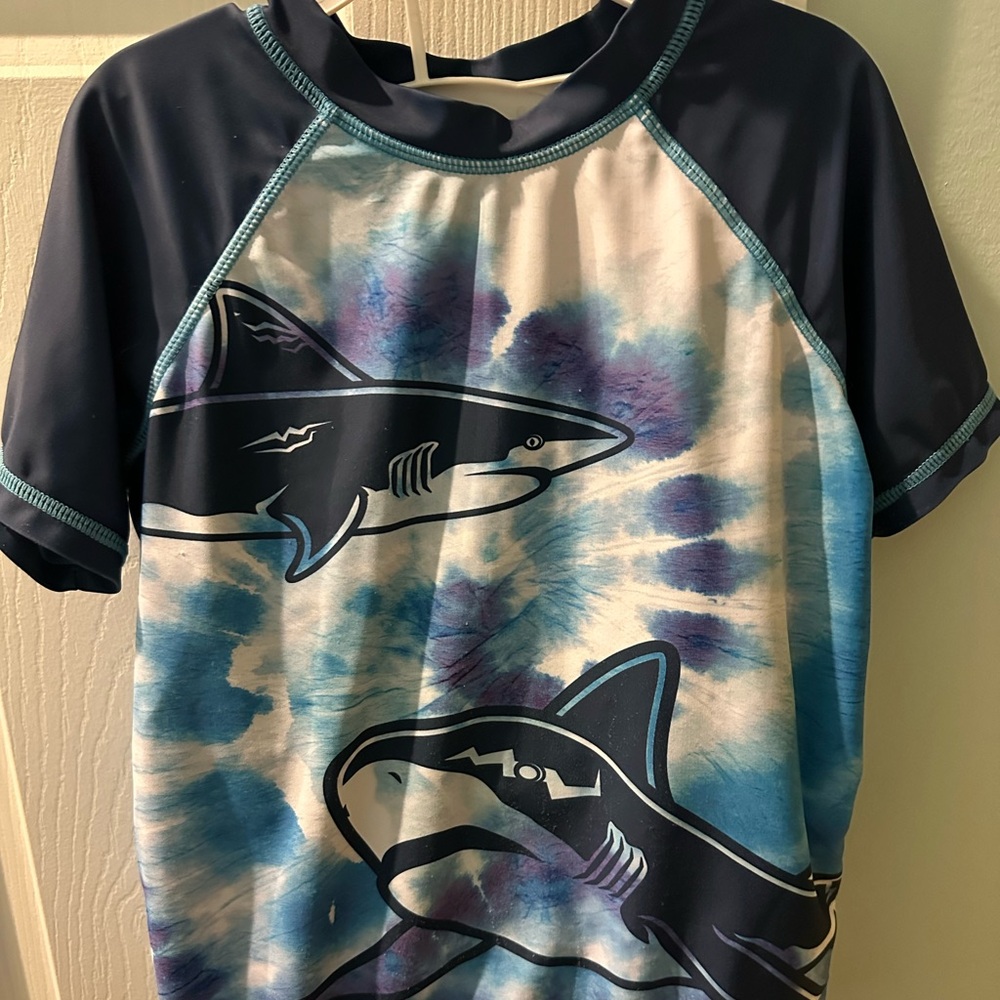 Size 7 Shark swimsuit set with blue and white tie die rash guard and bottoms